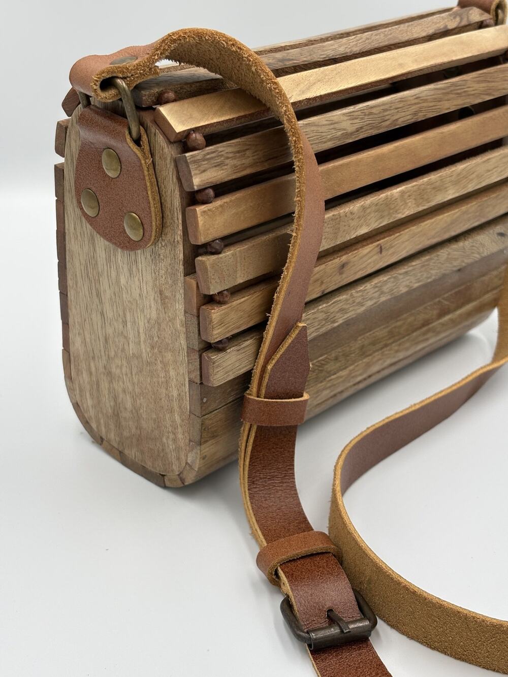 Wood Slat Crossbody Purse Leather Strap Magnetic Closure Arisan Boho Rustic